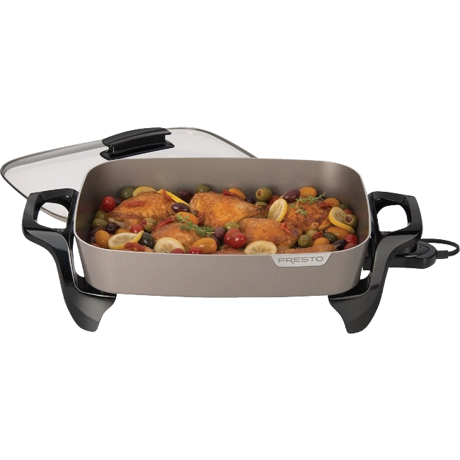 16-inch ceramic electric skillet with glass cover cooking chicken and vegetables, part of small kitchen appliances