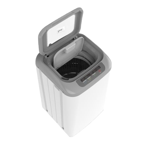 White compact top-load washer with gray trim and control panel designed for small-space laundry needs in appliances collection