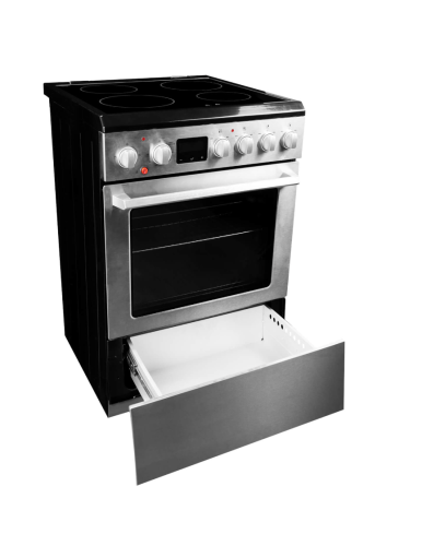 24-inch stainless steel slide-in smoothtop range with control knobs, digital display, and open storage drawer from Ranges collection