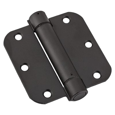 Oil rubbed bronze spring door hinge with 5/8 inch radius corners for home improvement and hardware applications