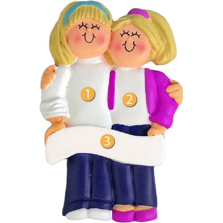 Personalized blonde female friends ornament holding a blank banner from Christmas Ornaments & Tree Decorations collection