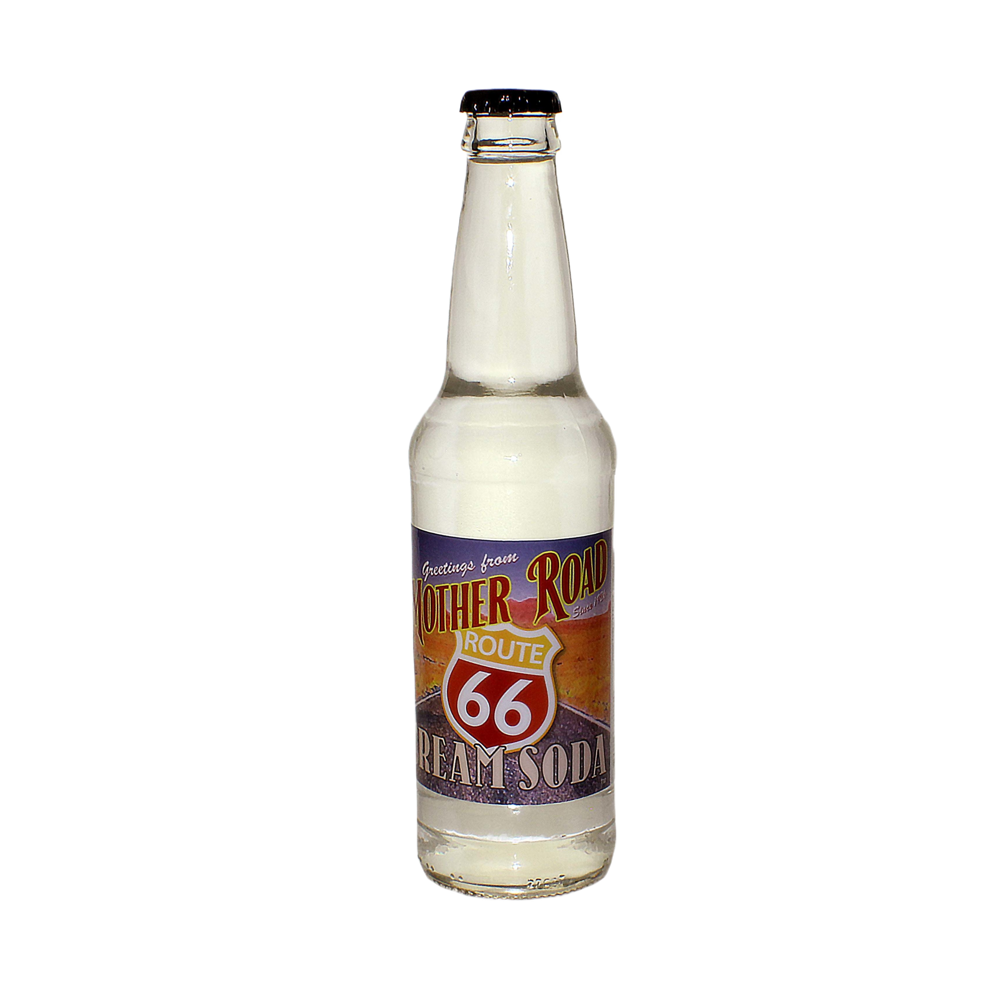 Clear glass bottle of cream soda with vintage Route 66 label and metal cap, 12-ounce size beverage container