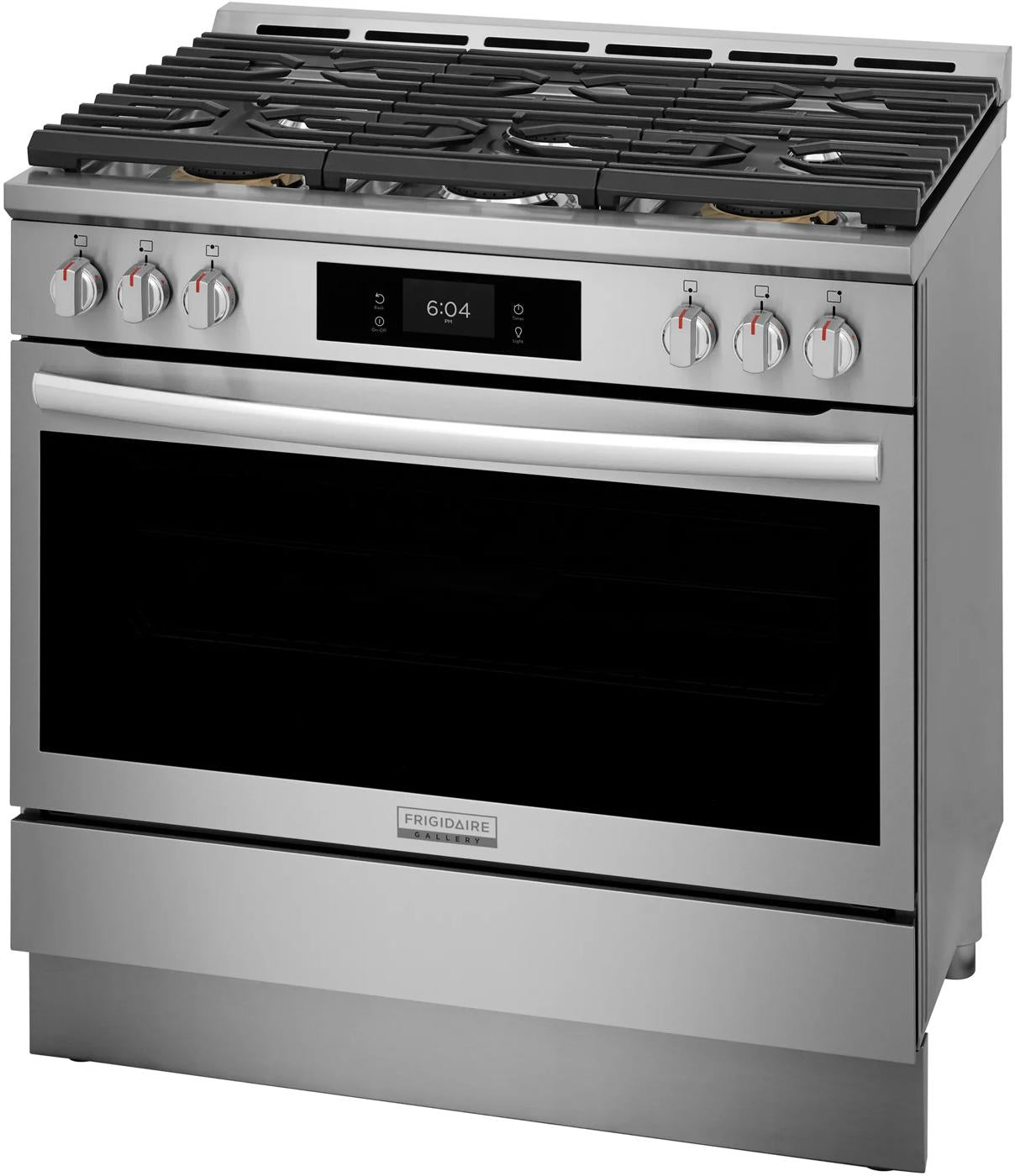 Stainless steel 36-inch gas range with six burners and digital display from kitchen and appliances collection