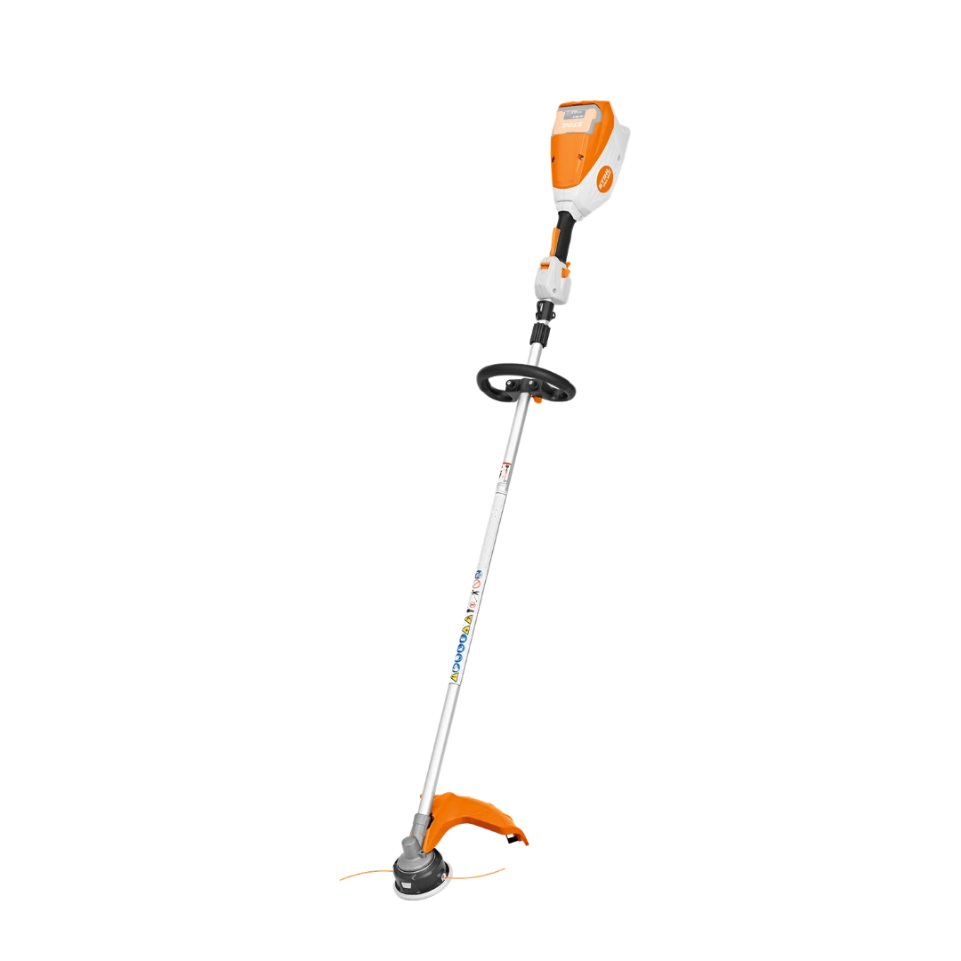 Orange and white cordless battery-powered string trimmer with adjustable handle for home and garden trimming tasks