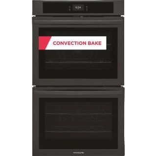 Modern black double electric wall oven featuring digital touch controls and convection bake option for kitchen use