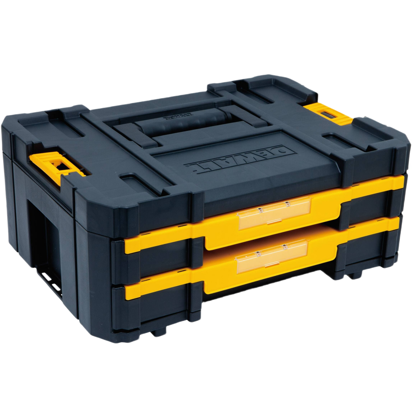 Black and yellow interlocking storage box with double shallow drawers and sturdy handle for workshop and tool organization