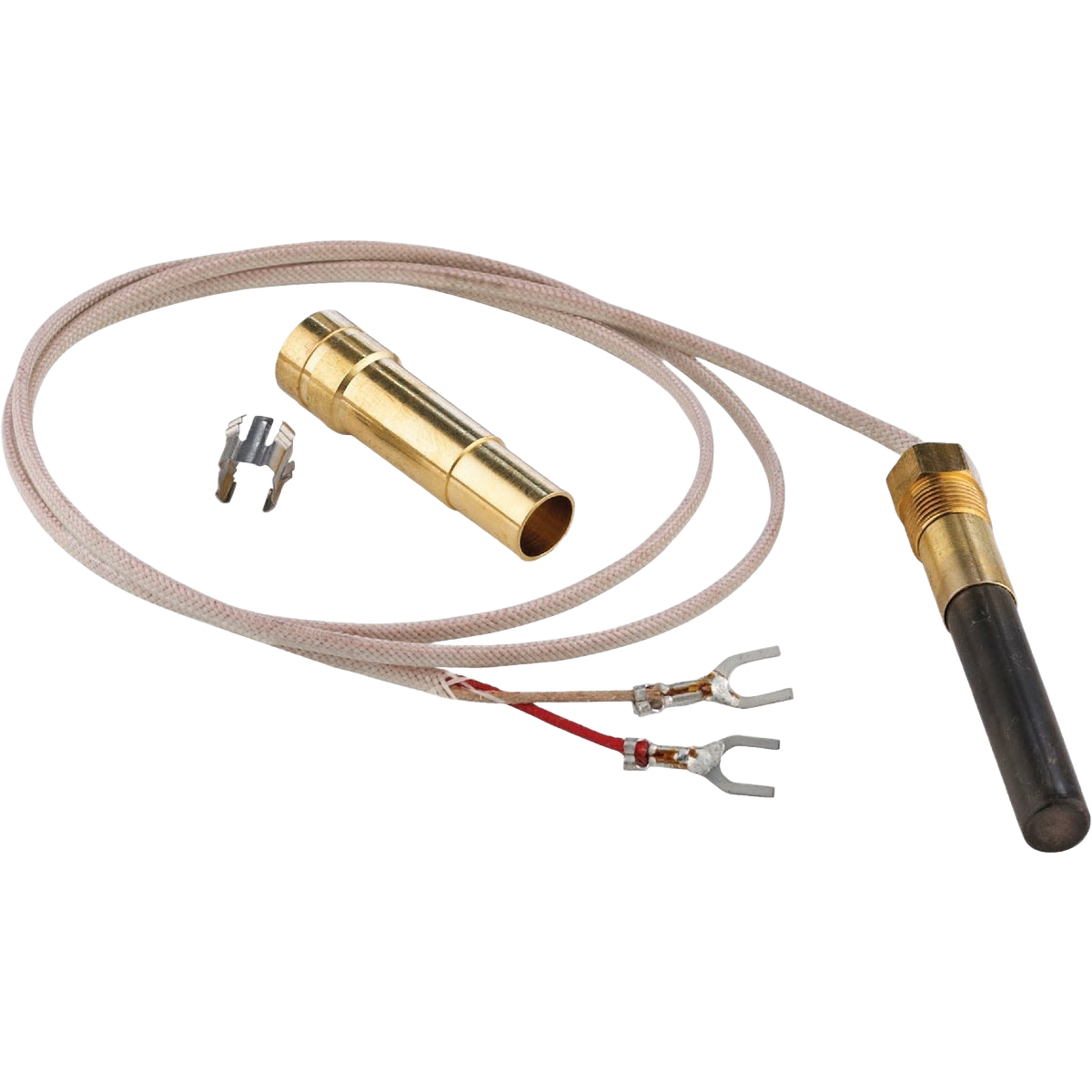 Brass millivolt generator with wiring, adapter sleeve, nut, and clip for plumbing and home improvement tools under $50
