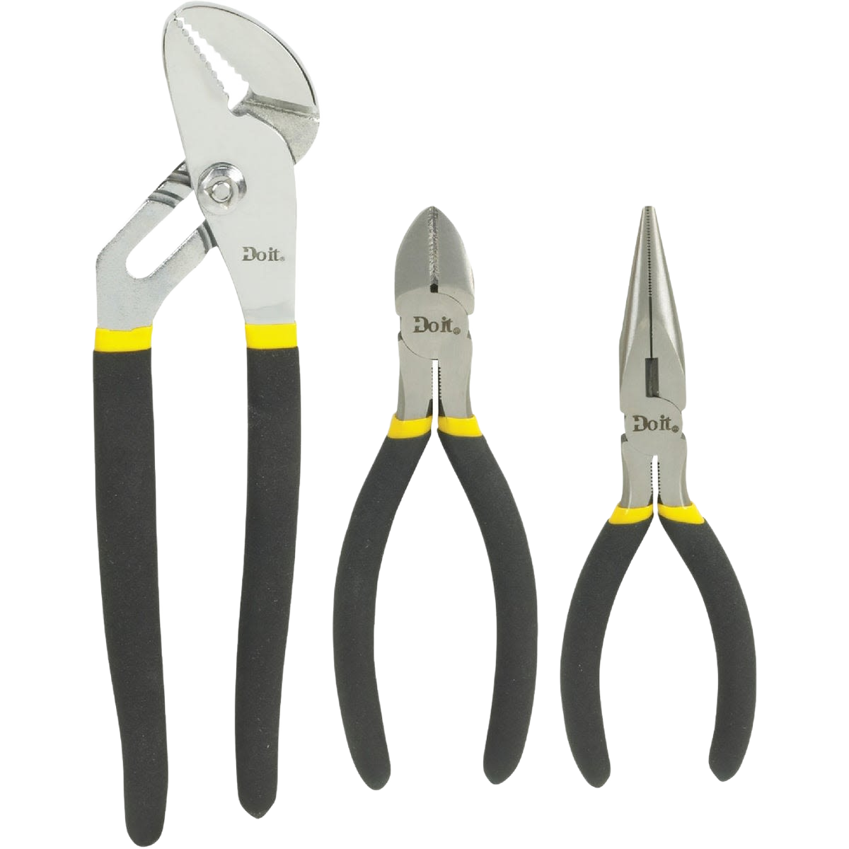 Set of three pliers with black handles and yellow accents for hand tools, woodworking, and home improvement use under $50.