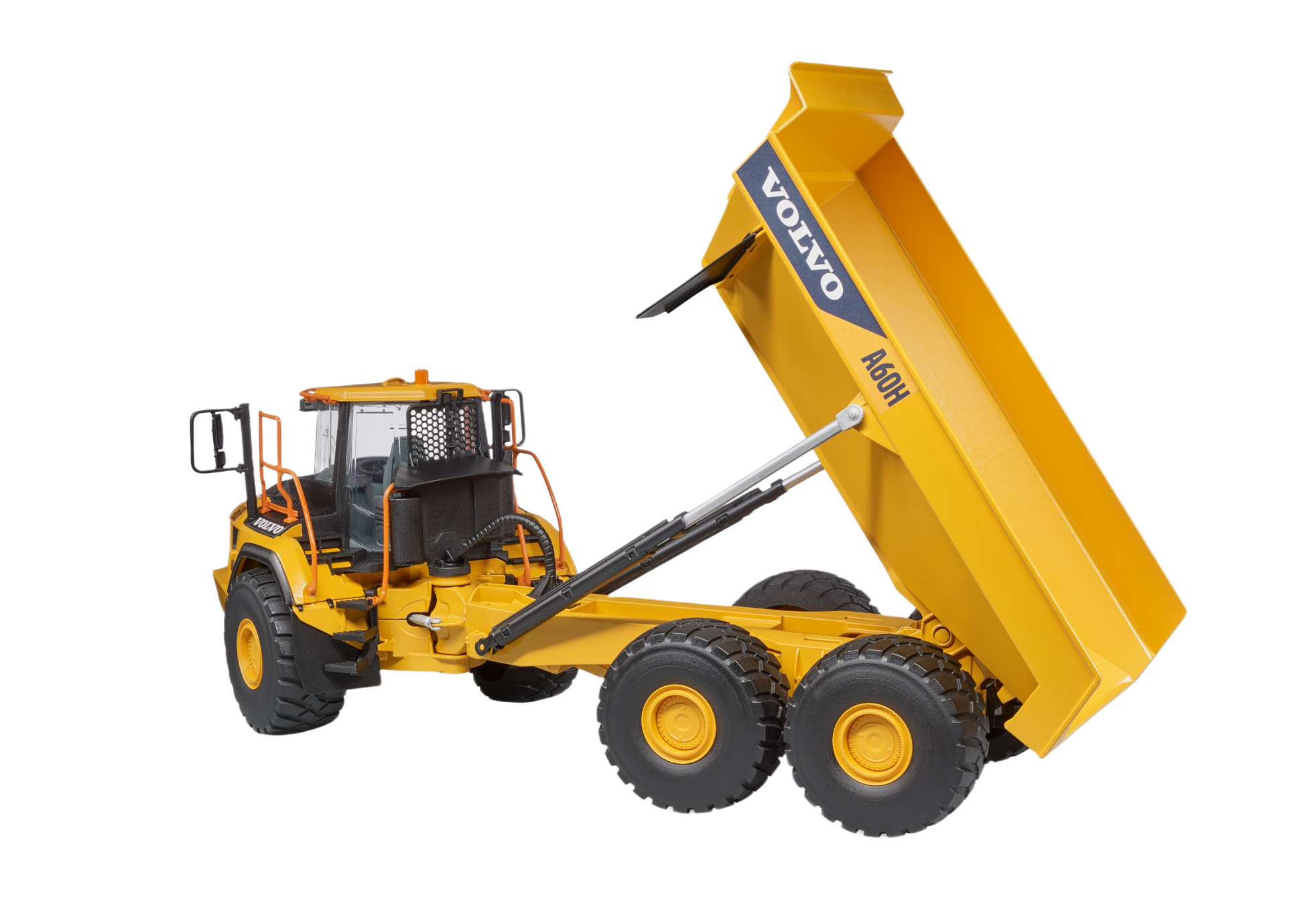 Yellow articulated dump truck model with detailed cabin and hydraulic dump bed for construction play and display