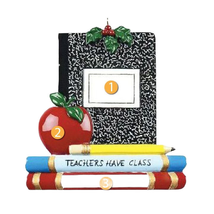 Black composition book ornament with holly, red apple, pencil, and books stack from Christmas Ornaments & Tree Decorations collection