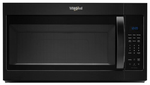 Black Whirlpool over-the-range microwave with digital sensor controls and blue LED display from Microwaves collection