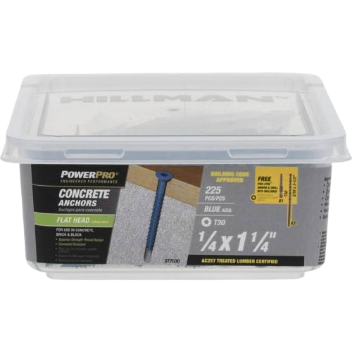 Plastic container of blue flat head concrete anchors with protective coating for tools and home improvement use