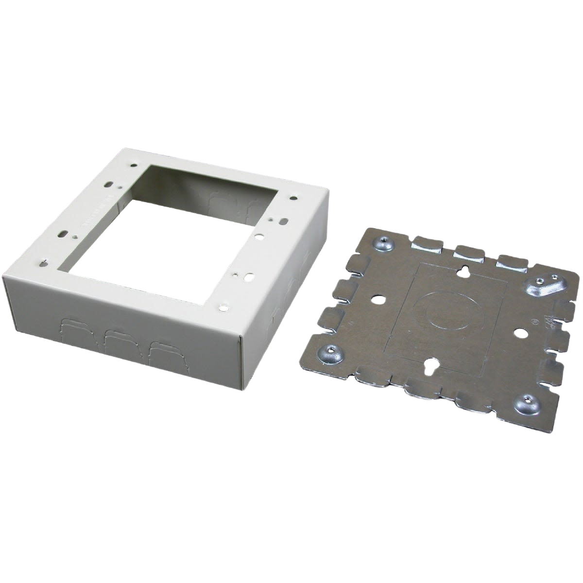 White and metal components of a wiring device mounting box for electrical installation in home improvement projects
