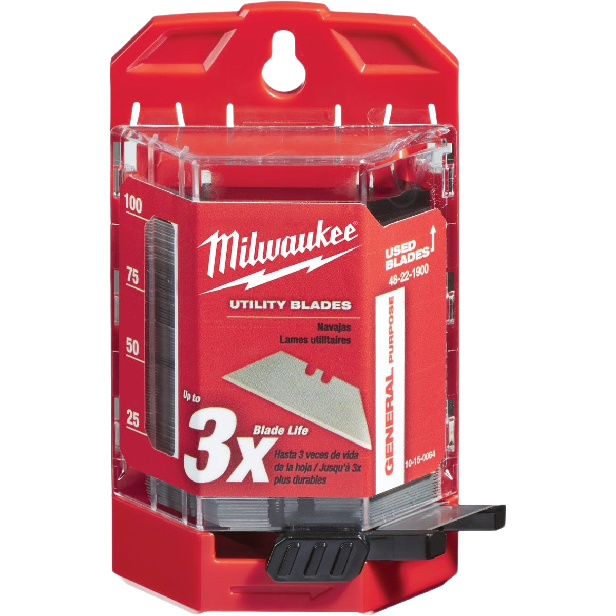 Red Milwaukee utility blade dispenser, 100-pack, durable cutting blades for woodworking and home improvement tasks