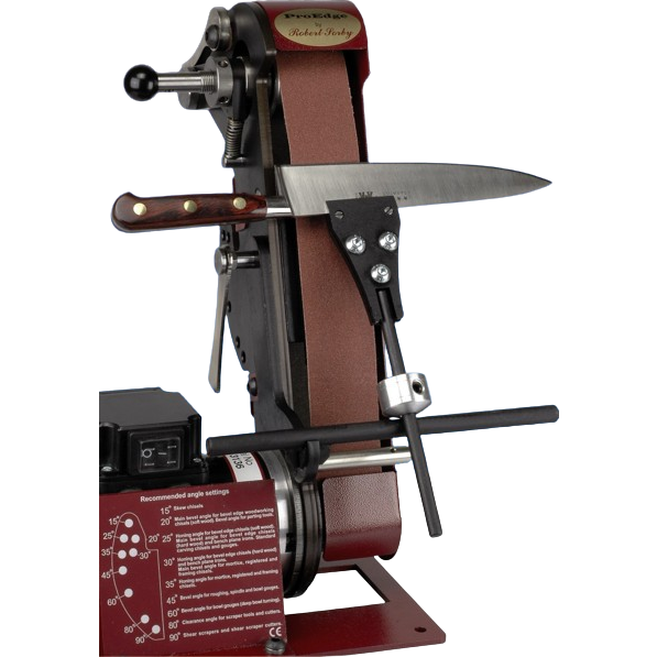 Compact knife sharpening jig with angled sanding belt, metal frame, and adjustable clamp for precise edge maintenance tasks