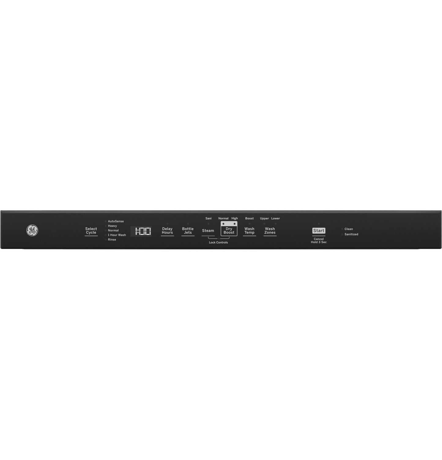 Black dishwasher control panel with digital display and cycle options for sanitize and dry boost in Appliances collection