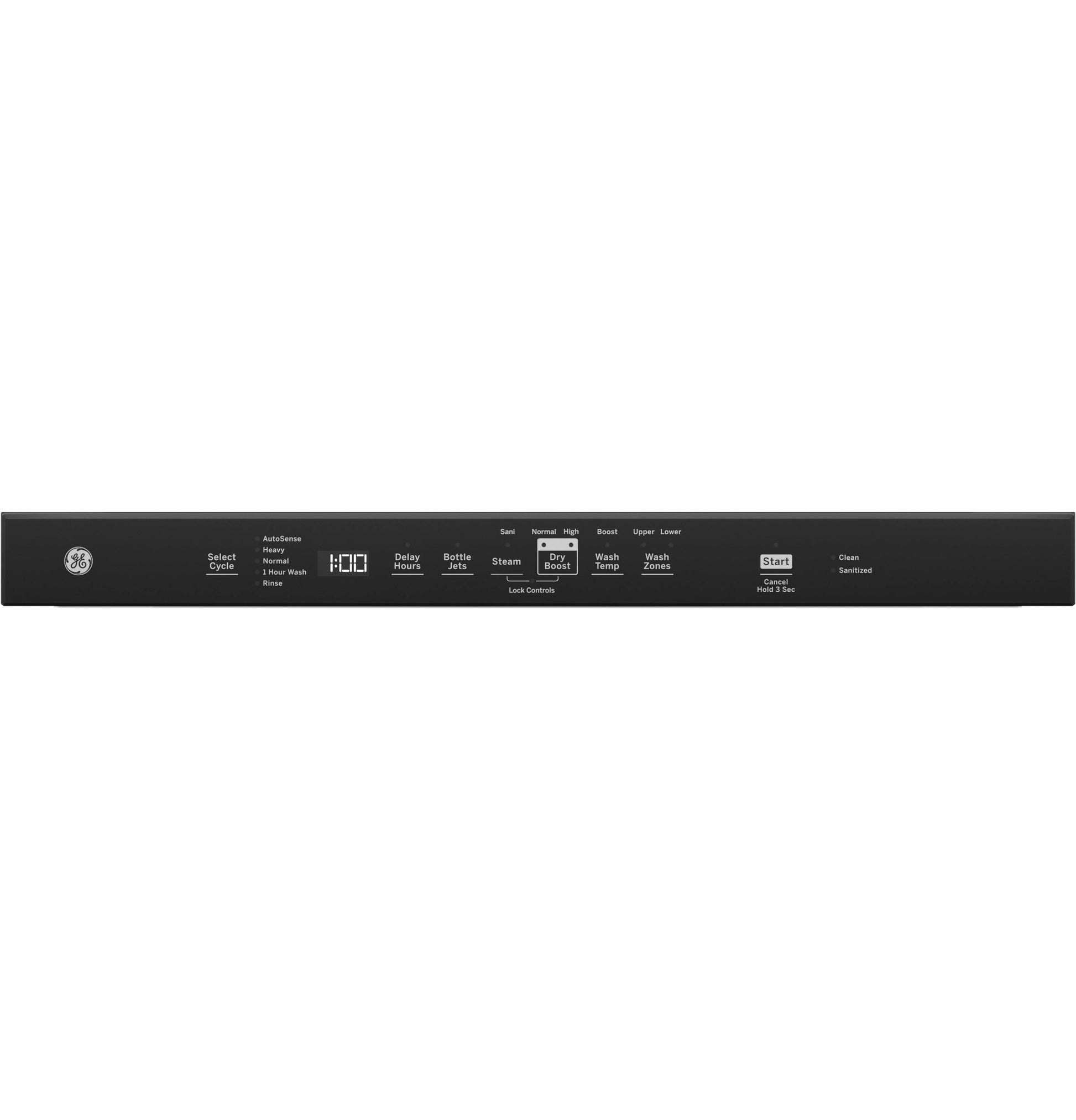 Black dishwasher control panel with digital display and cycle options for sanitize and dry boost in Appliances collection