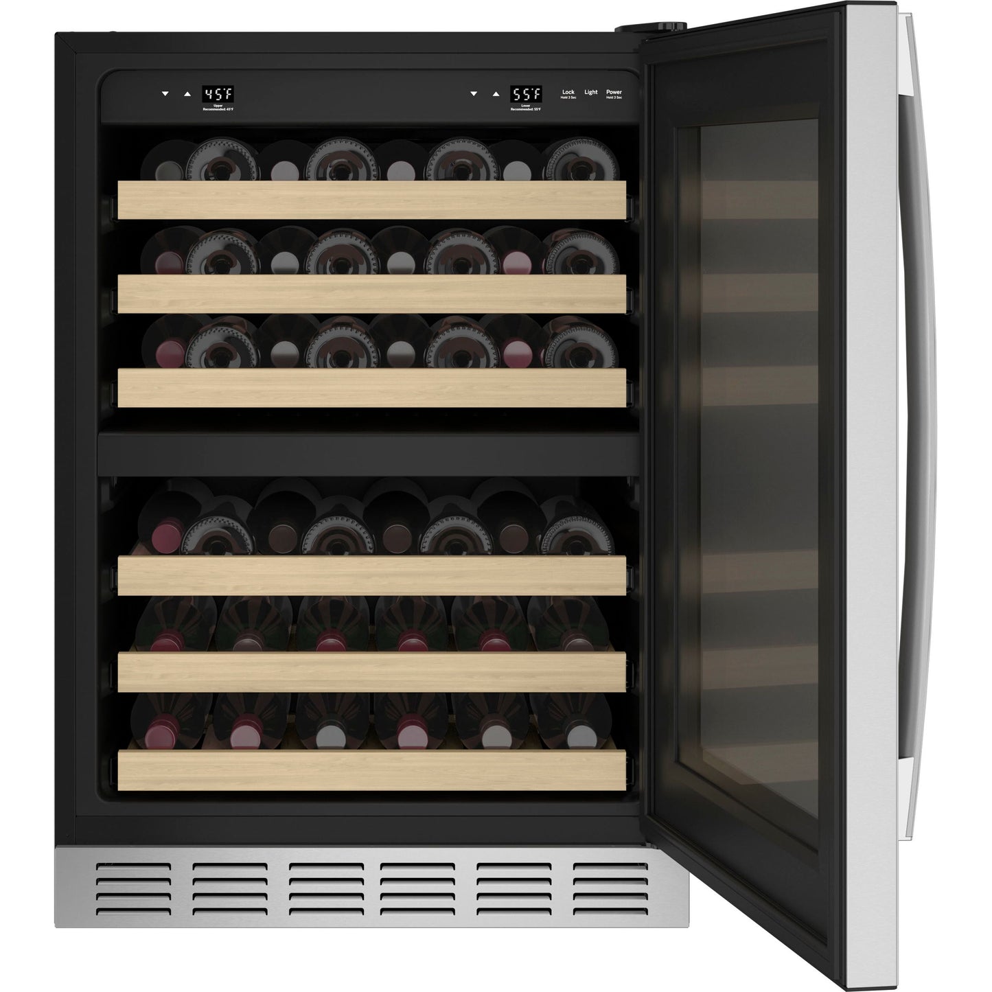 Built-in stainless steel wine center with glass door, digital controls, and wooden shelving in kitchen appliances collection