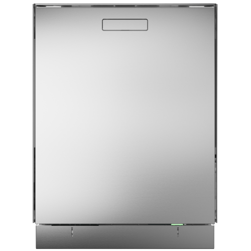 Front view of stainless steel dishwasher with simple handle and LED program status indicator in appliances category