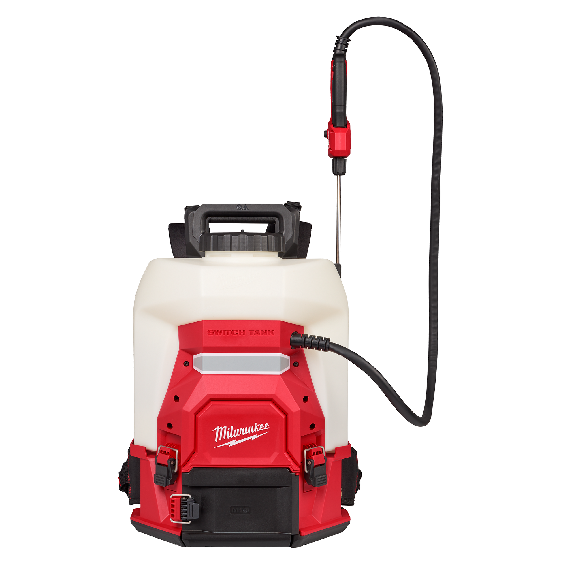 Backpack sprayer with 4-gallon tank, red and white design, flexible hose, and ergonomic handle for home improvement tasks