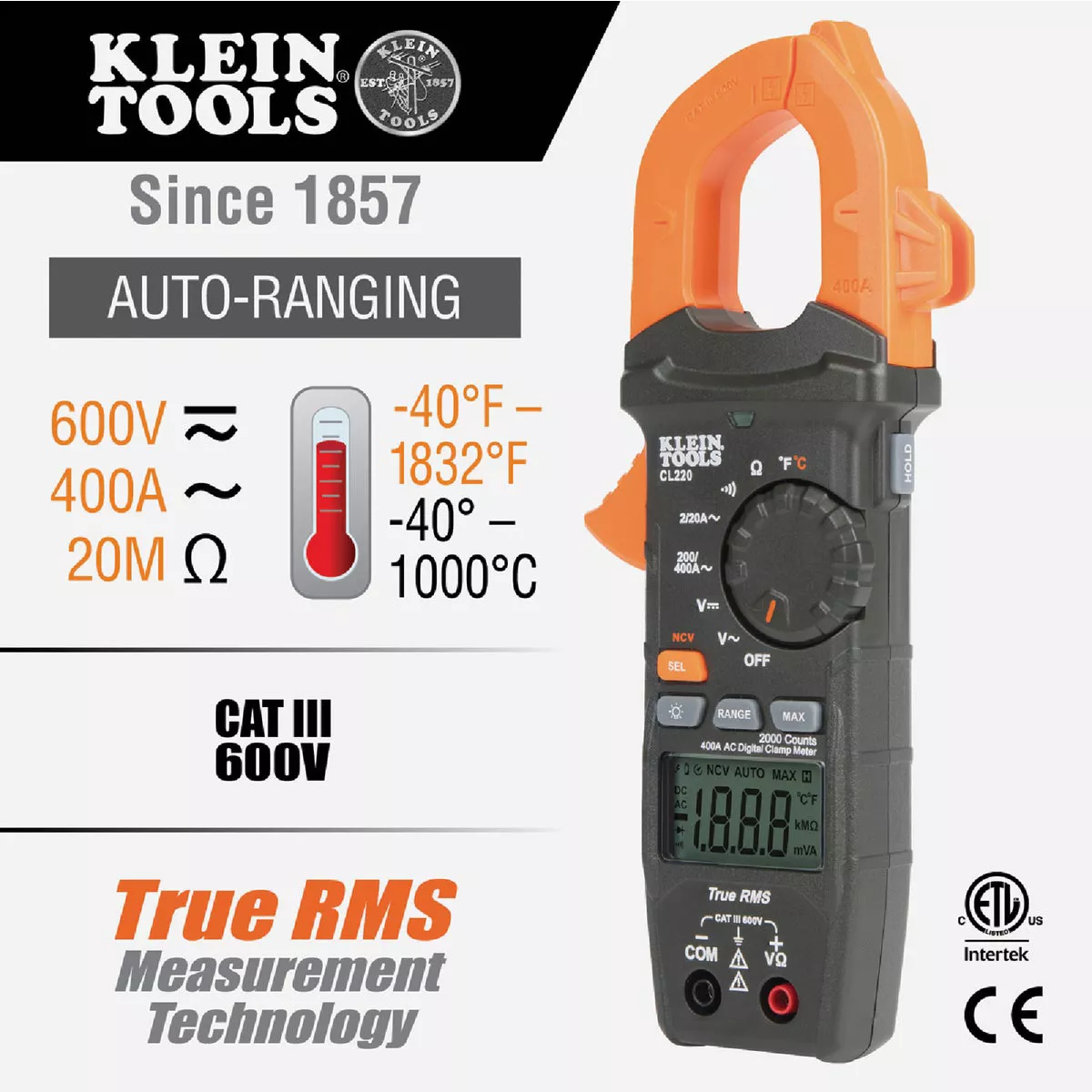 Handheld digital clamp meter with orange clamp and black body for electrical measurements and troubleshooting