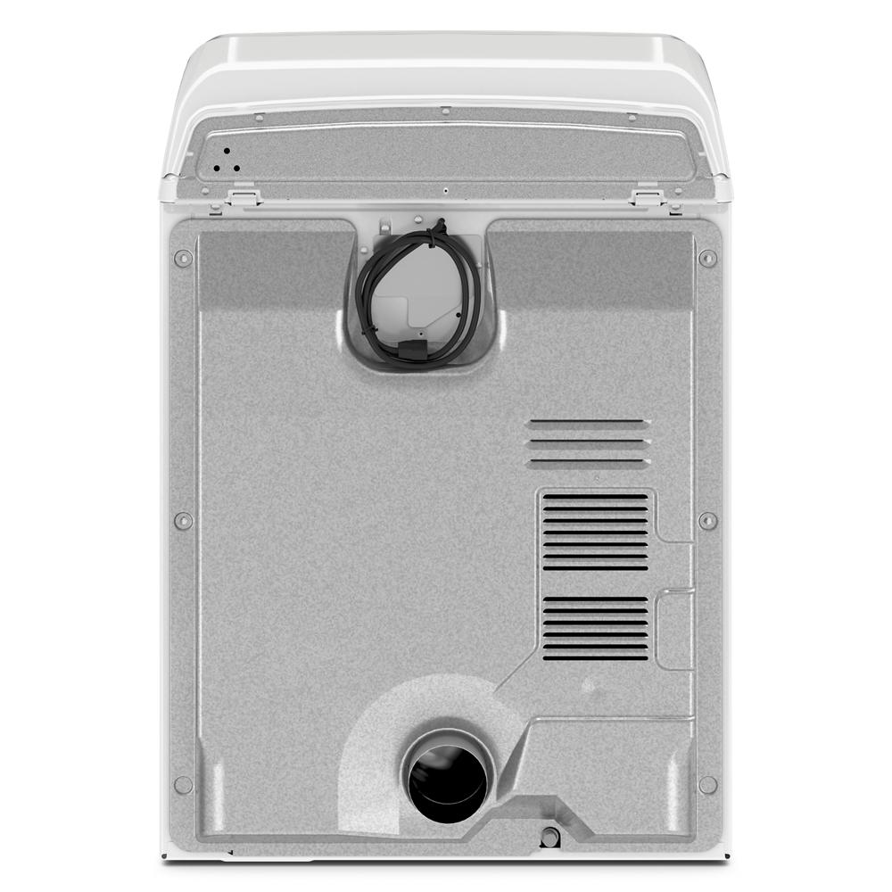 Back view of white top load gas dryer featuring vent, power cord, and metal housing in gas dryers collection
