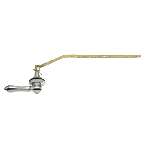 Chrome toilet tank handle with long adjustable brass arm for plumbing parts and repair projects