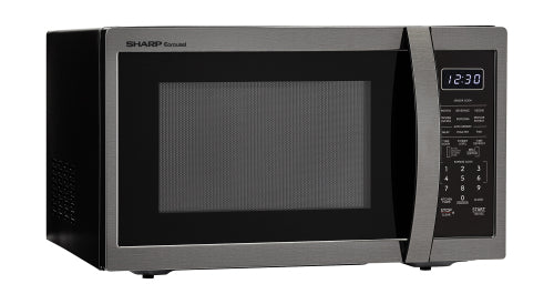 black and stainless steel mid-size countertop microwave with digital control panel for kitchen appliances