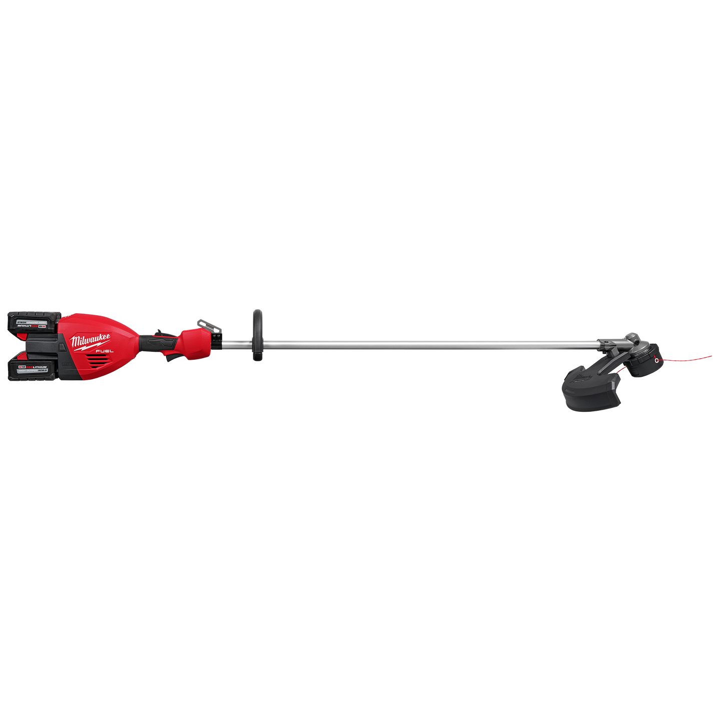 Red and black cordless string trimmer with dual batteries and adjustable shaft for landscaping and home improvement tasks