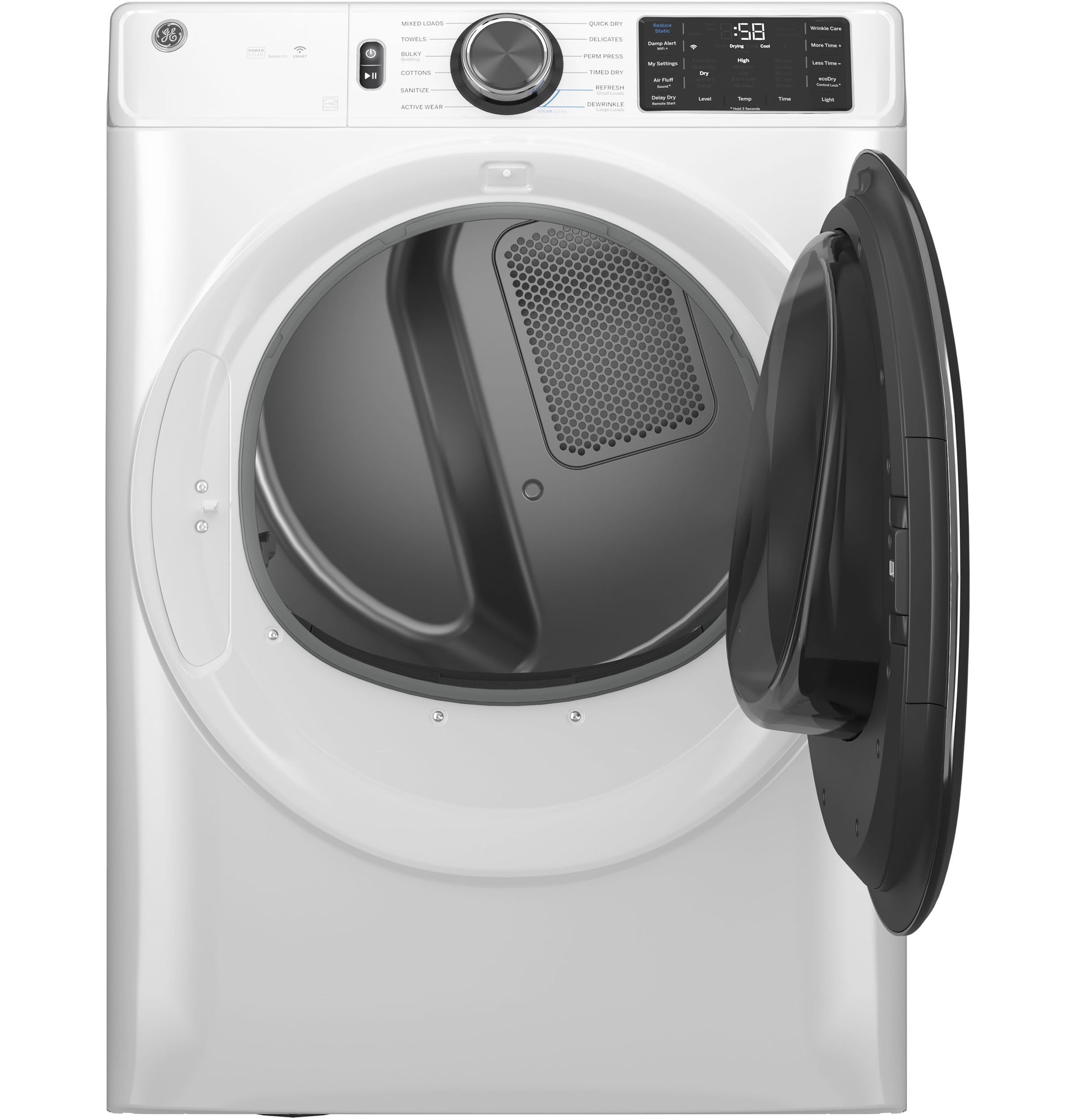 White smart electric dryer with large open front door and digital control panel in electric dryers and appliances collection