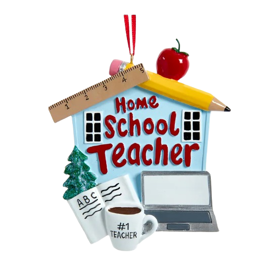 Blue house-shaped Christmas ornament with pencil, ruler, apple, laptop, and coffee cup for home teacher gifts under $50