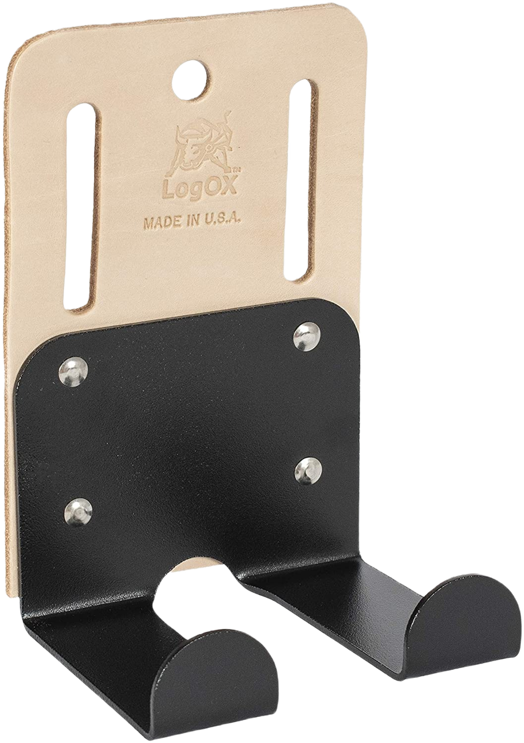 Leather and black metal LogOX hauler holster with dual hooks designed for securely holding tools during home improvement tasks