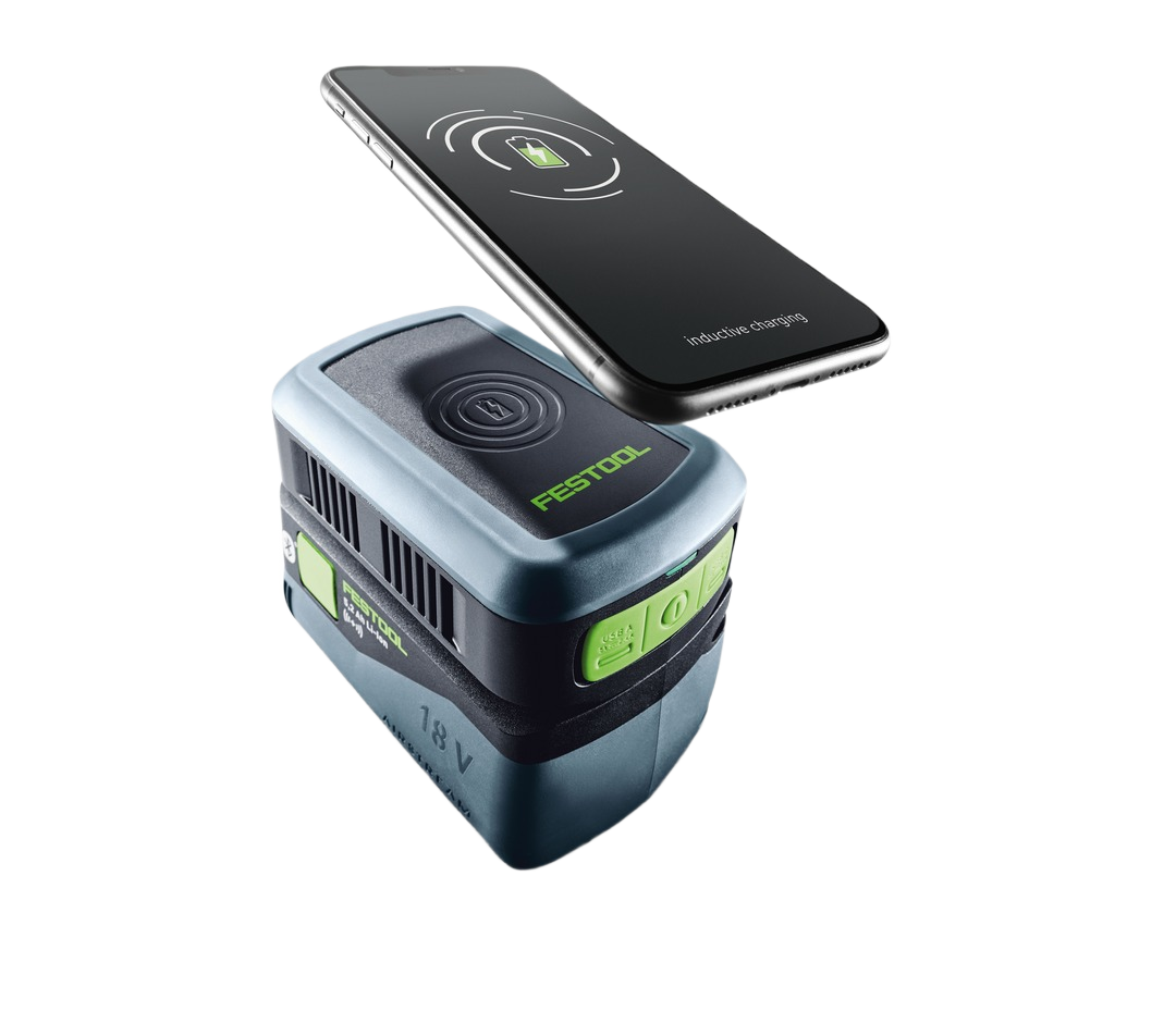 Festool 18 V battery-powered charger converting cordless tool batteries into portable smartphone power bank accessory