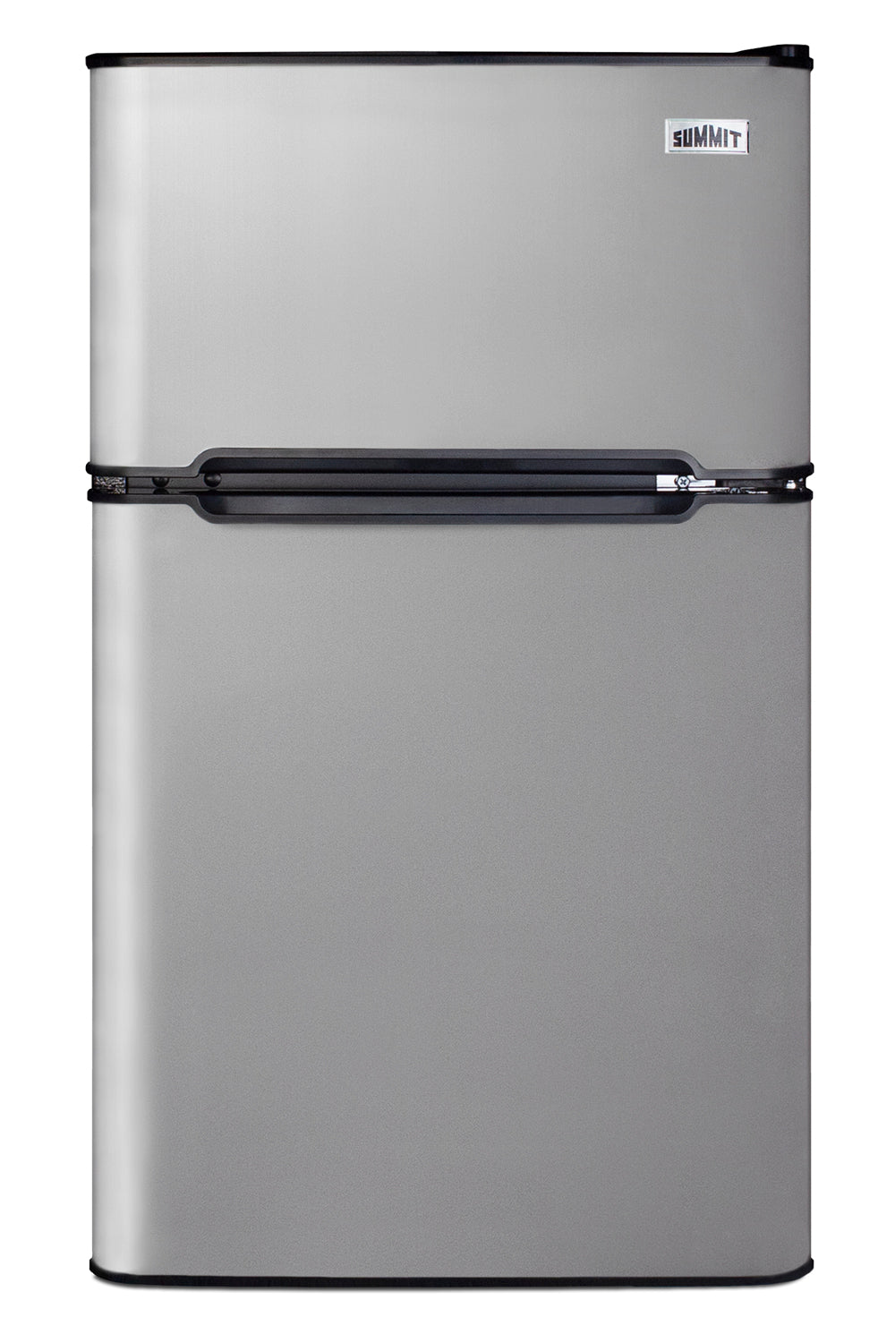 Compact two-door stainless steel refrigerator-freezer with top freezer and black handle for kitchen appliances collections