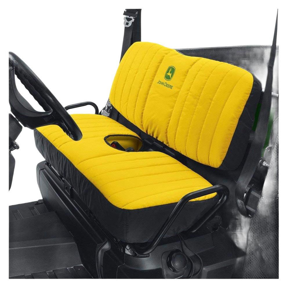 Yellow padded bench seat cover with John Deere logo designed for Gator XUV 560 and 590 utility vehicles