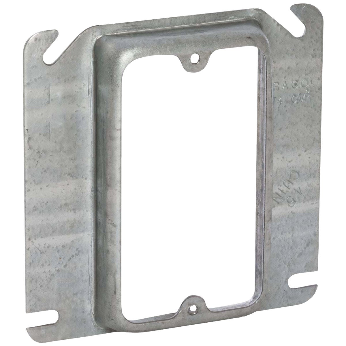 Galvanized metal square raised electrical box cover designed for home improvement and wiring projects