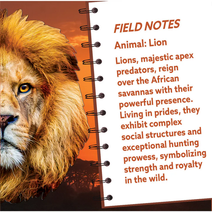 Close-up illustration of a lion’s face next to a notebook page with text about lions for toys and puzzles collection under $50