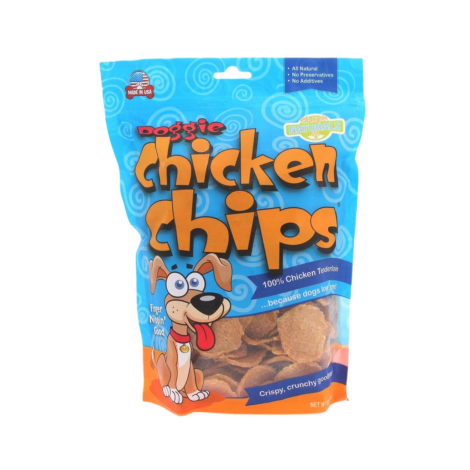 Blue packaging of Chip's Naturals chicken dog treats in 4 oz size from pet supplies and treats collections