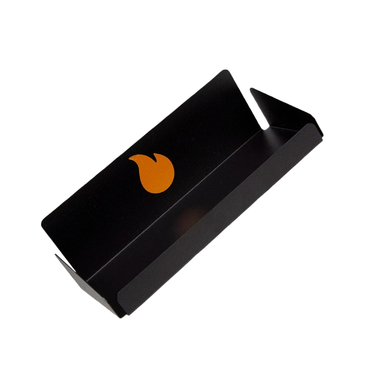Black metal magnetic rack with flame logo for organizing spices and grilling tools in outdoor living spaces.