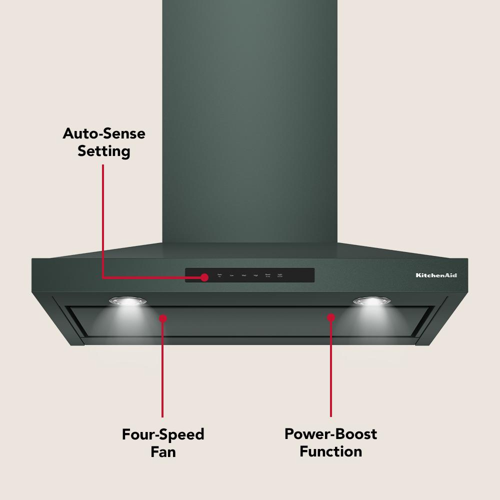 Matte dark green wall-mount canopy hood with auto-sense, four-speed fan, and power-boost for kitchen ventilation