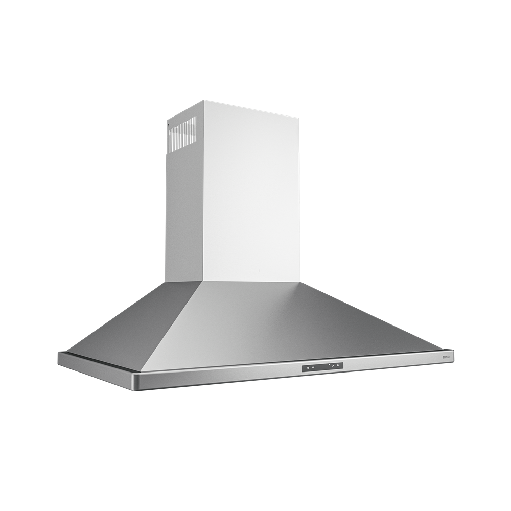 Stainless steel pyramid-shaped chimney hood with LED lighting in Over the Range Hoods and Appliances collections