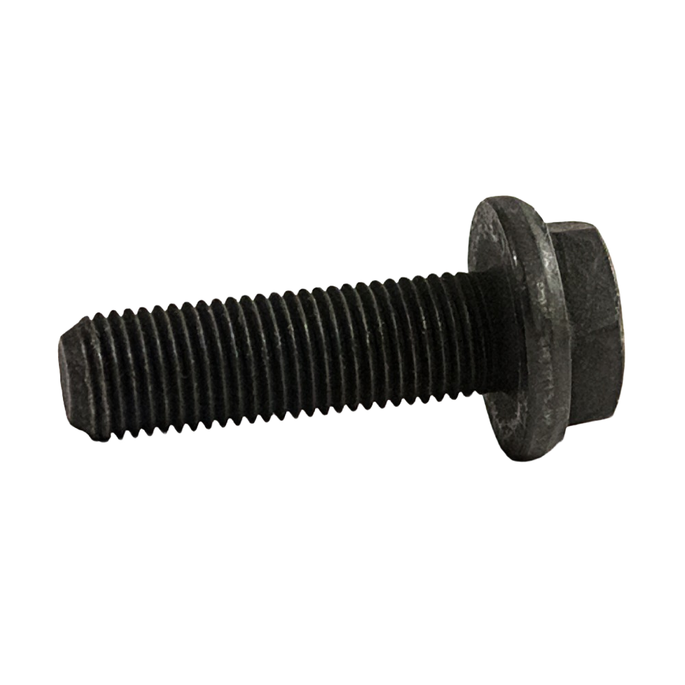 Black steel mower blade attachment bolt with integrated washer for tools and home improvement use