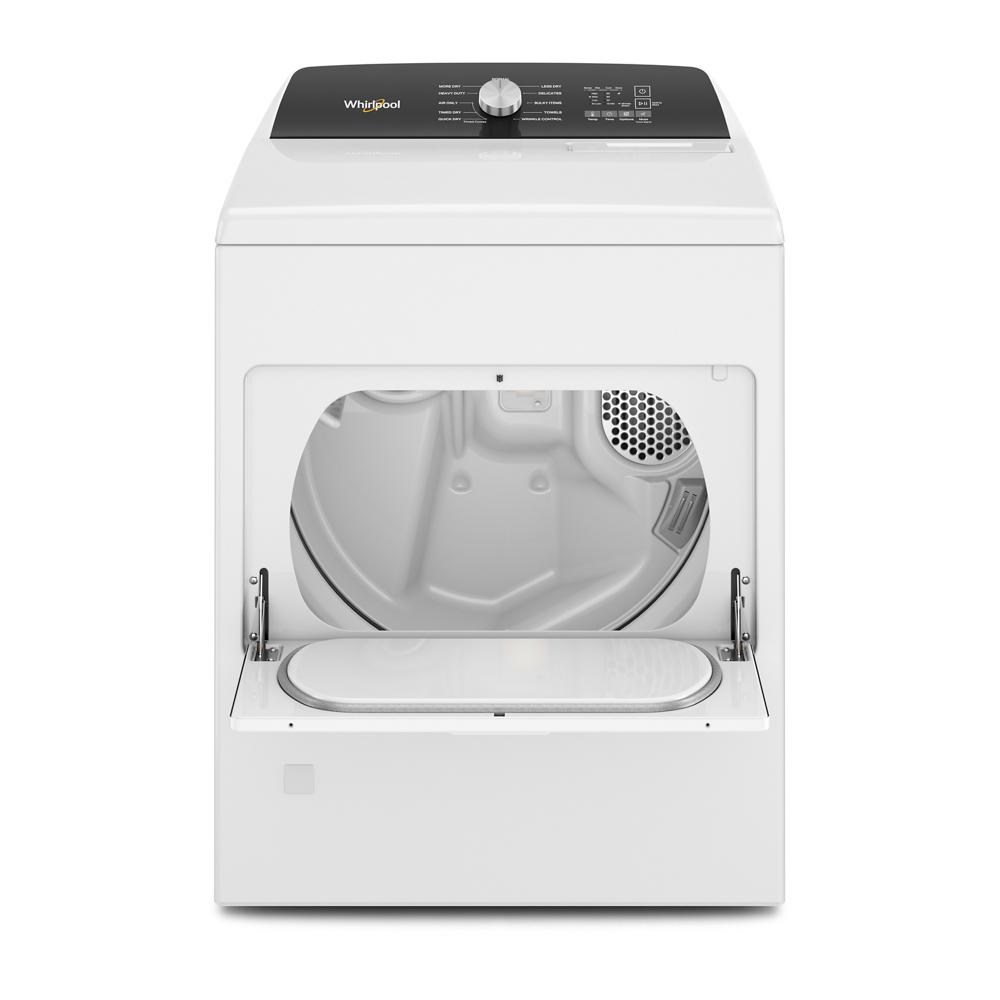 White top load gas dryer with open door showing empty interior and digital control panel in appliances collection