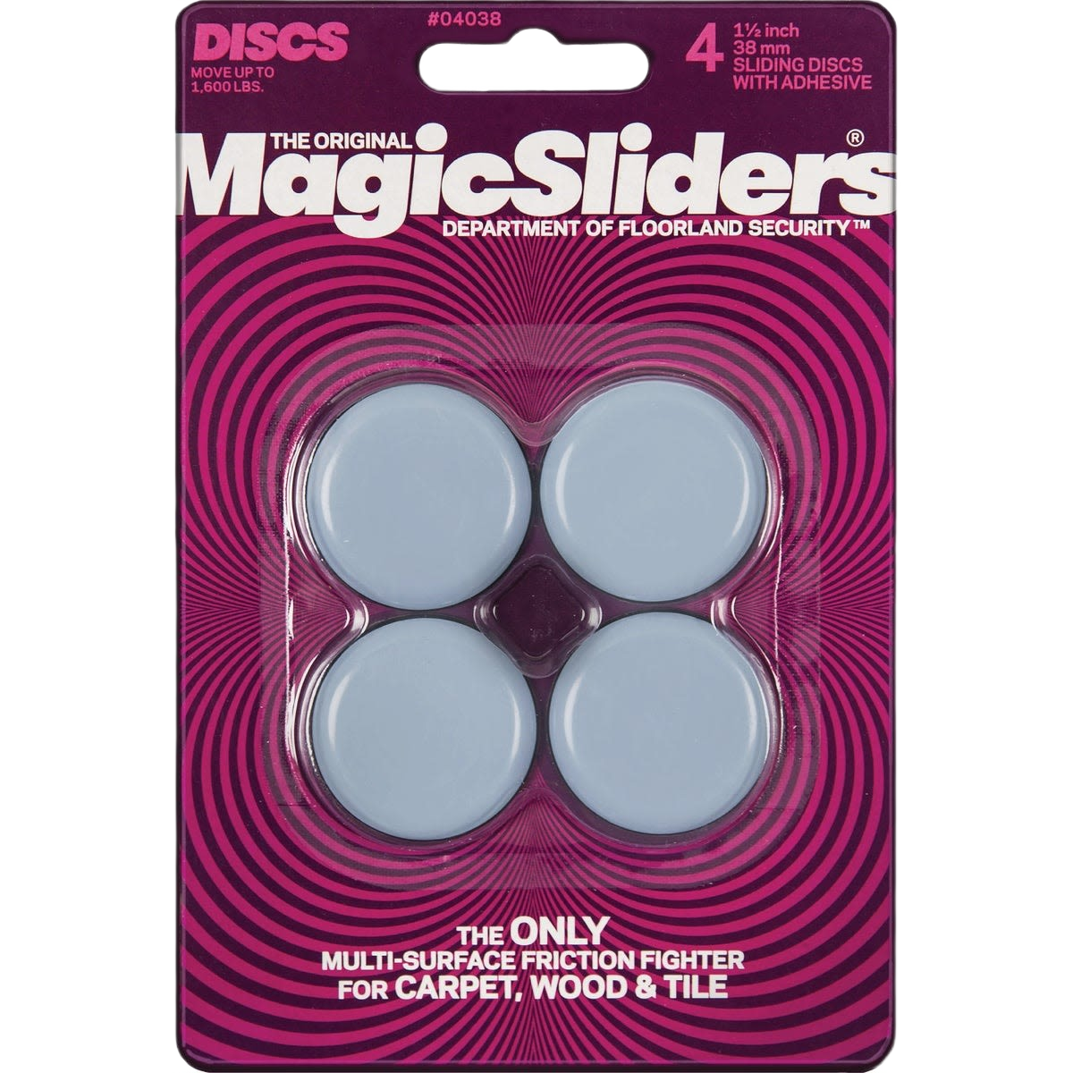 Set of four 1.5-inch round self-adhesive furniture glides for smooth movement on carpet, wood, and tile floors in hardware.
