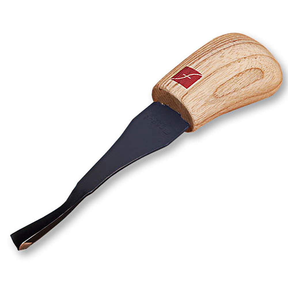Wood-handled palm parting tool with curved 45-degree steel blade for precise woodworking and carving tasks