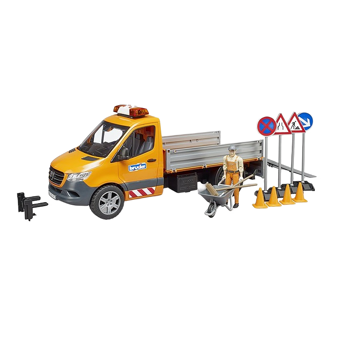 Yellow municipal service truck toy with construction worker figure, traffic cones, and road signs for play and display