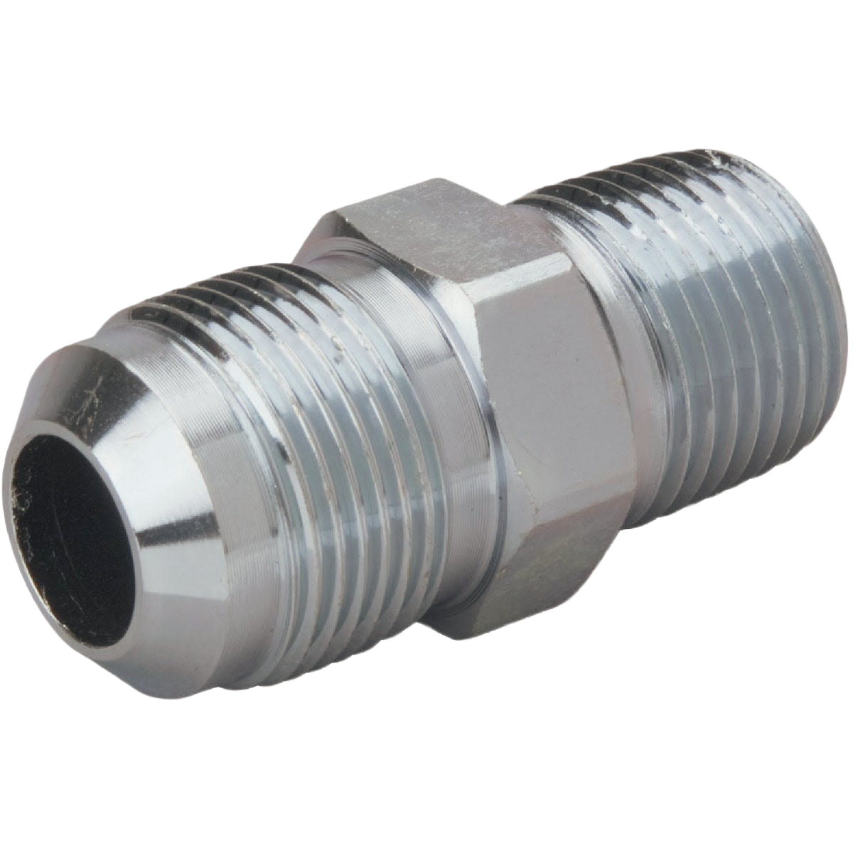 Zinc-plated carbon steel gas fitting adapter with flare and male threaded ends for plumbing and home improvement use