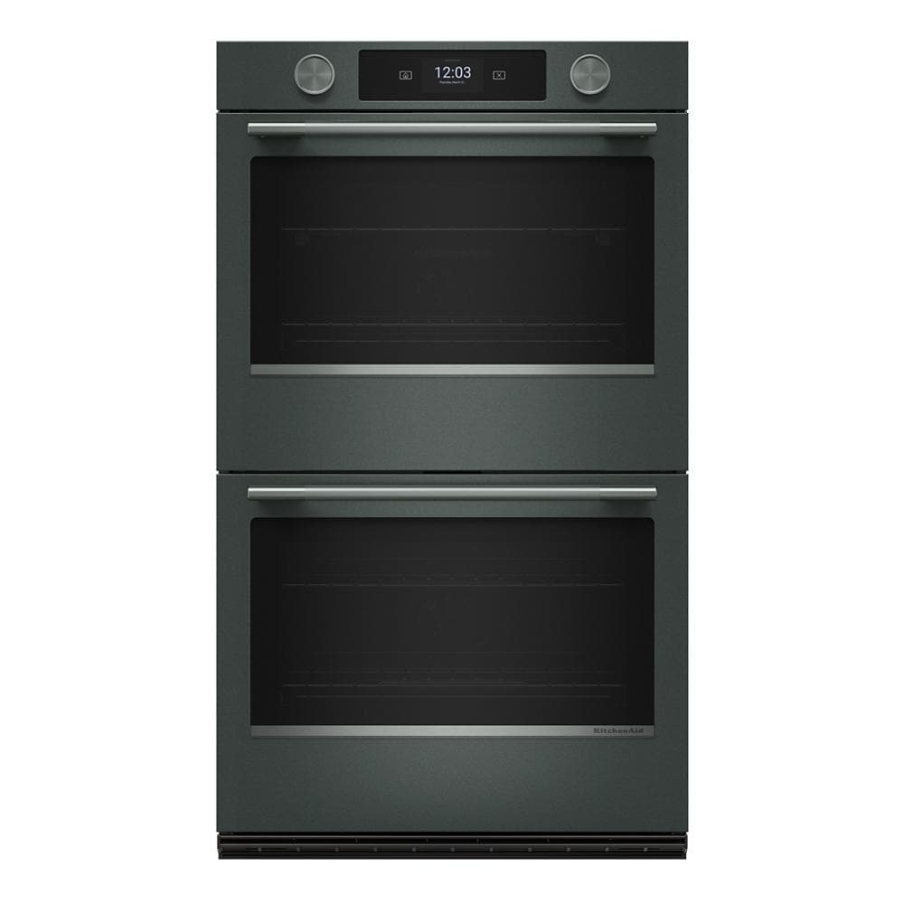 Sleek 30-inch smart electric double wall oven in dark finish with digital display, dual stainless steel handles, part of Double Wall Ovens, Wall Ovens, Kitchen & Kitchenware, All Products, KitchenAid, Appliances collections.