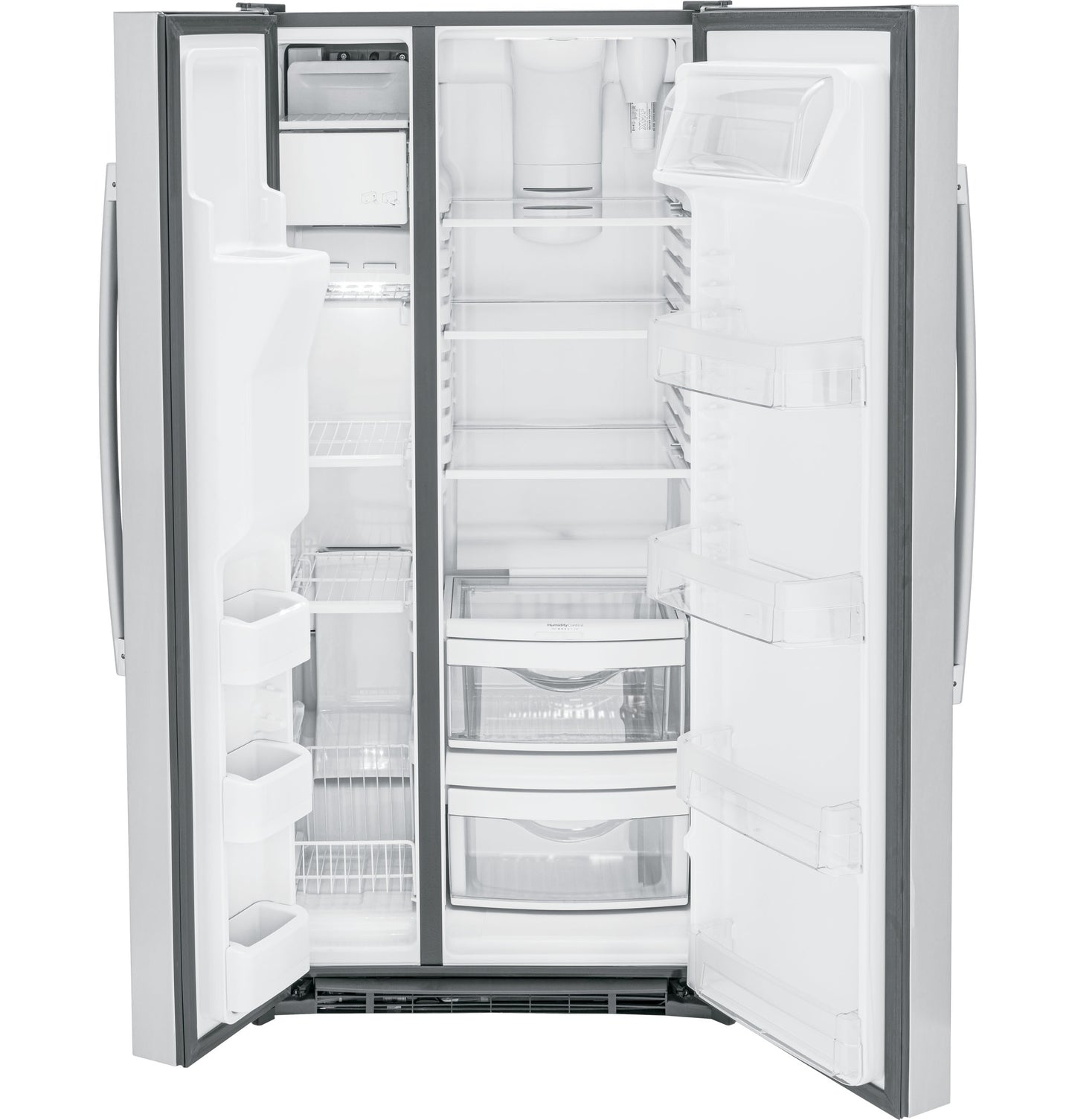 Open side-by-side refrigerator with adjustable shelves and clear drawers in kitchen appliances and home improvement collection