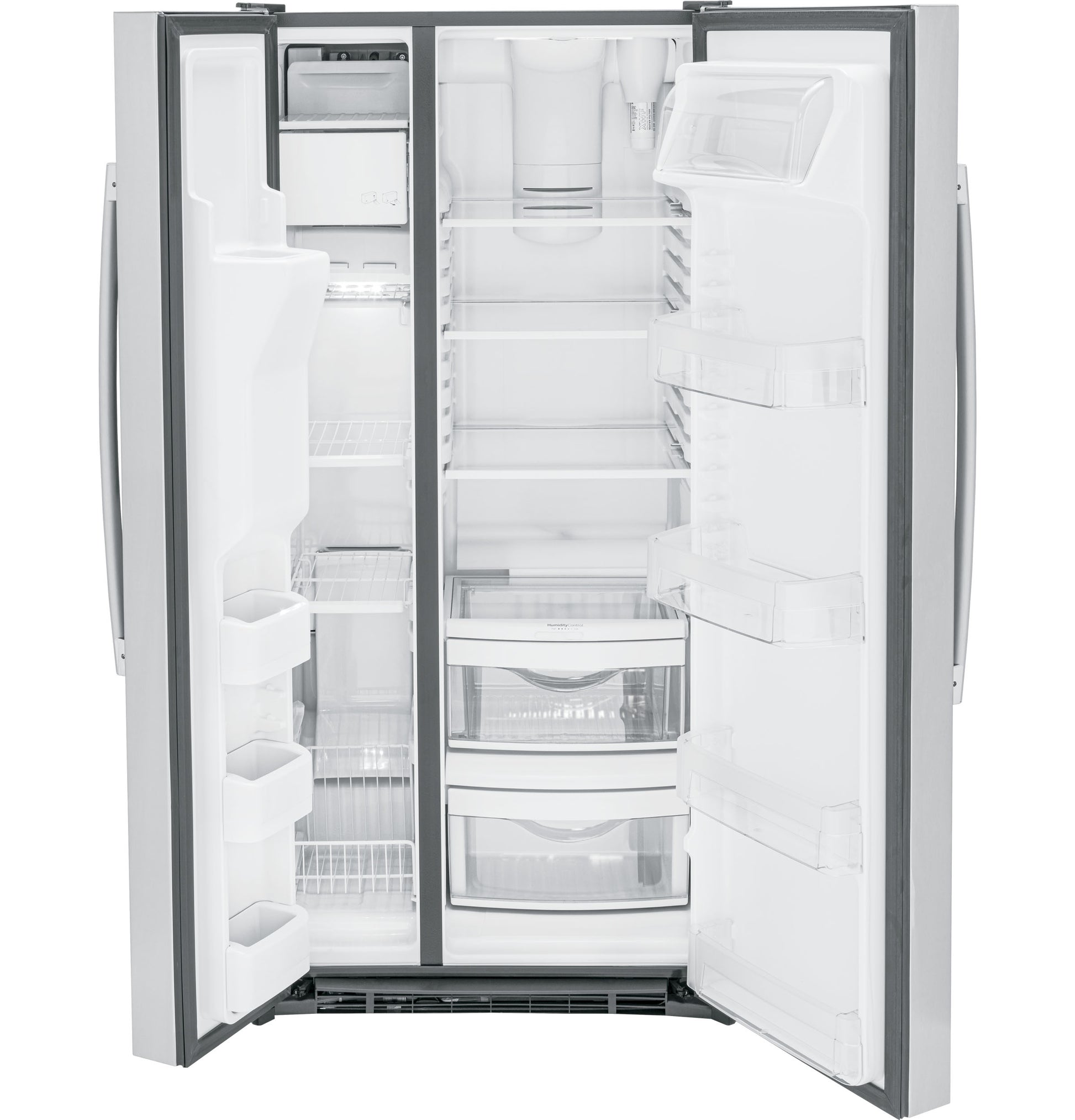 Open side-by-side refrigerator with adjustable shelves and clear drawers in kitchen appliances and home improvement collection